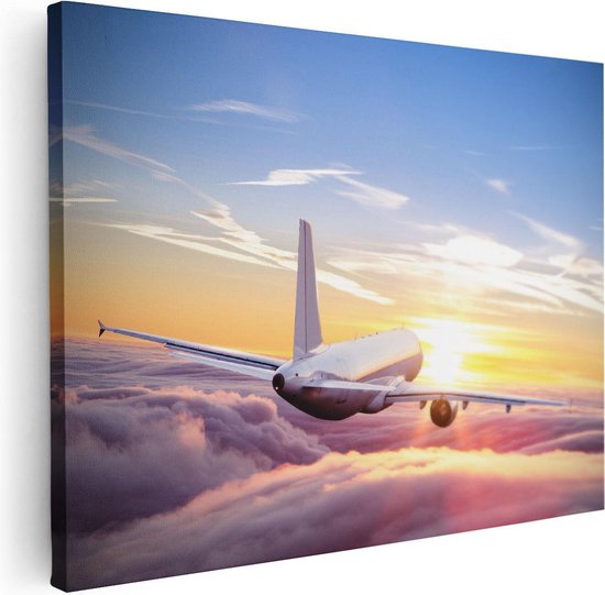 Artaza Canvas Schilderij Vliegtuig In De Wolken Bij Zonsondergang - 80x60 - Foto Op Canvas - Canvas Print