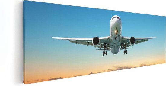 Toile d'un avion au décollage devant un ciel bleu clair avec un coucher de soleil.