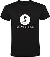 UNMUTE US | Heren T-shirt | Zwart | Protest | Vrijheid | Zwijgen | Stilte | Doorbreken | Maatregelen | Rechtspraak | Clubs | Evenement | Feest | Festival | Organisatie | Politiek