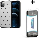 ShieldCase geschikt voor Apple iPhone 12 Pro Max spiegel hoesje met zwarte hartjes + glazen Screen Protector