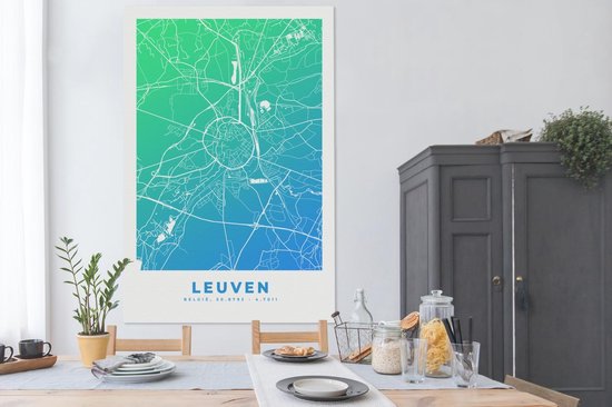 Tableau sur Toile City Map - Louvain - Blauw - Vert - 120x180 cm - Décoration murale XXL - Carte