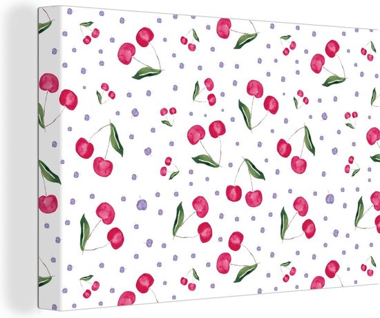 Canvas Schilderij Kersen - Fruit - Wit - 30x20 cm - Wanddecoratie
