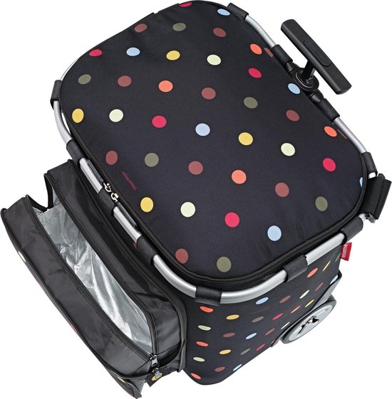 Zwarte boodschappentrolley met veelkleurige stippen, een voorvak en een uitschuifbaar handvat.
