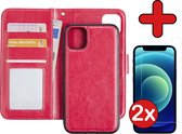 Hoes voor iPhone 12 Hoesje Uitneembare Book Case 2-in-1 Hoes Met 2x Screenprotector - Hoes voor iPhone 12 Wallet Case Pashouder Hoesje Uitneembaar - Donker Roze