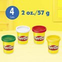 Vier potjes Play-Doh in geel, groen, wit en rood, met rode of groene deksels.
