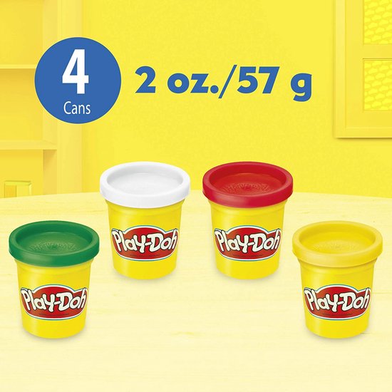 Vier potjes Play-Doh in geel, groen, wit en rood, met rode of groene deksels.