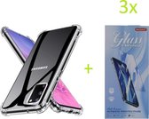 Samsung Galaxy S20 Plus - Anti Shock Silicone Bumper Hoesje - Transparant + 3X Tempered Glass Screenprotector