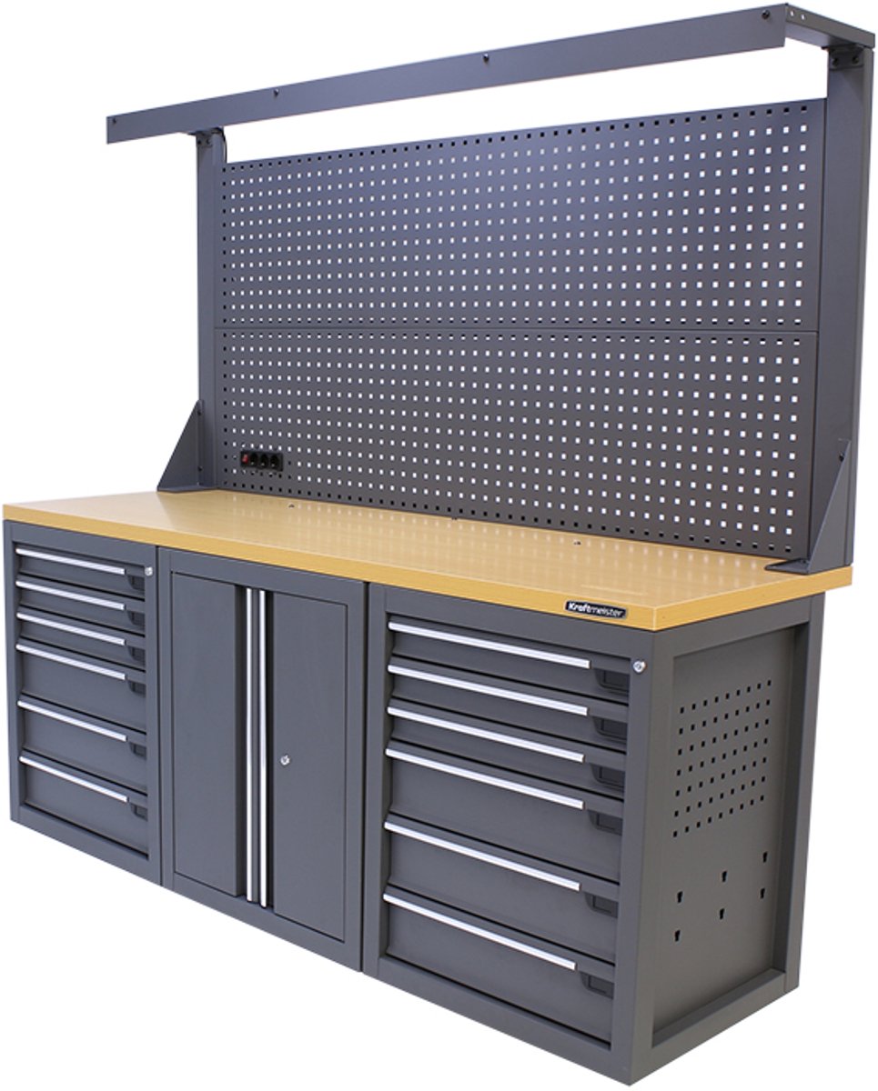 Kraftmeister werkbank 200 cm - Werktafel met gereedschapswand, 12 laden, 1 opbergkast en MDF werkblad - Grijs