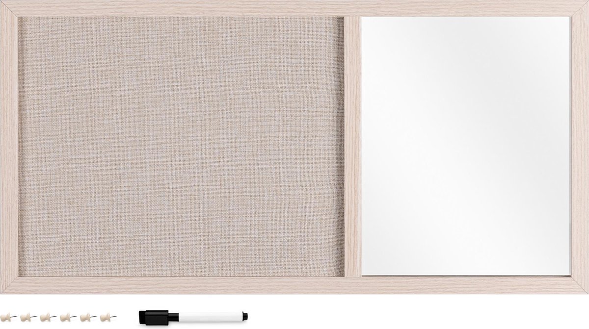 Navaris prikbord en spiegel in één - Memobord - 70 x 35 cm - Prikbord van textiel - Wandbord inclusief marker en punaises - Crème - Navaris