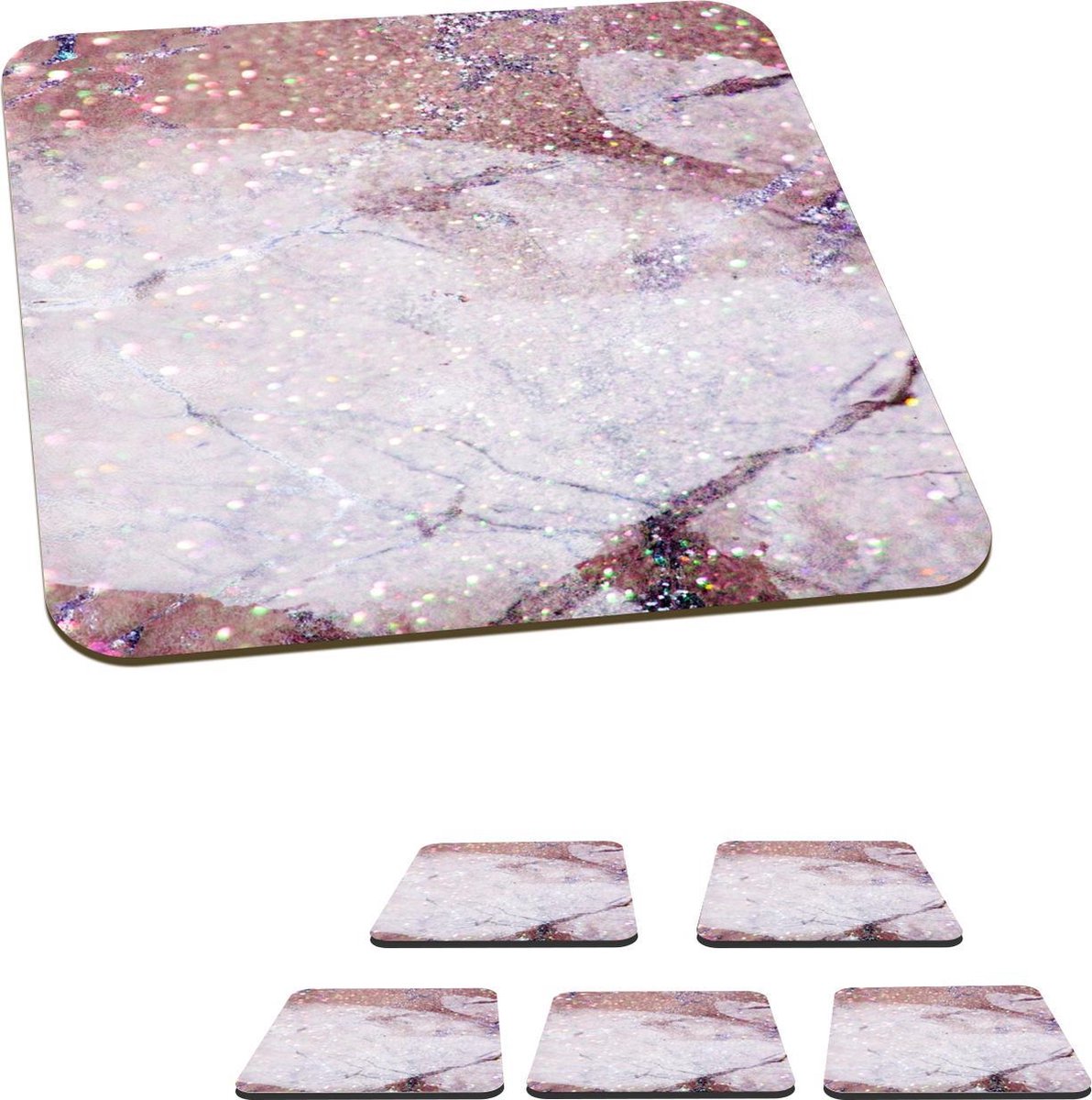 Onderzetters voor glazen - Marmer - Roze - Glitter - 10x10 cm - Glasonderzetters - 6 stuks