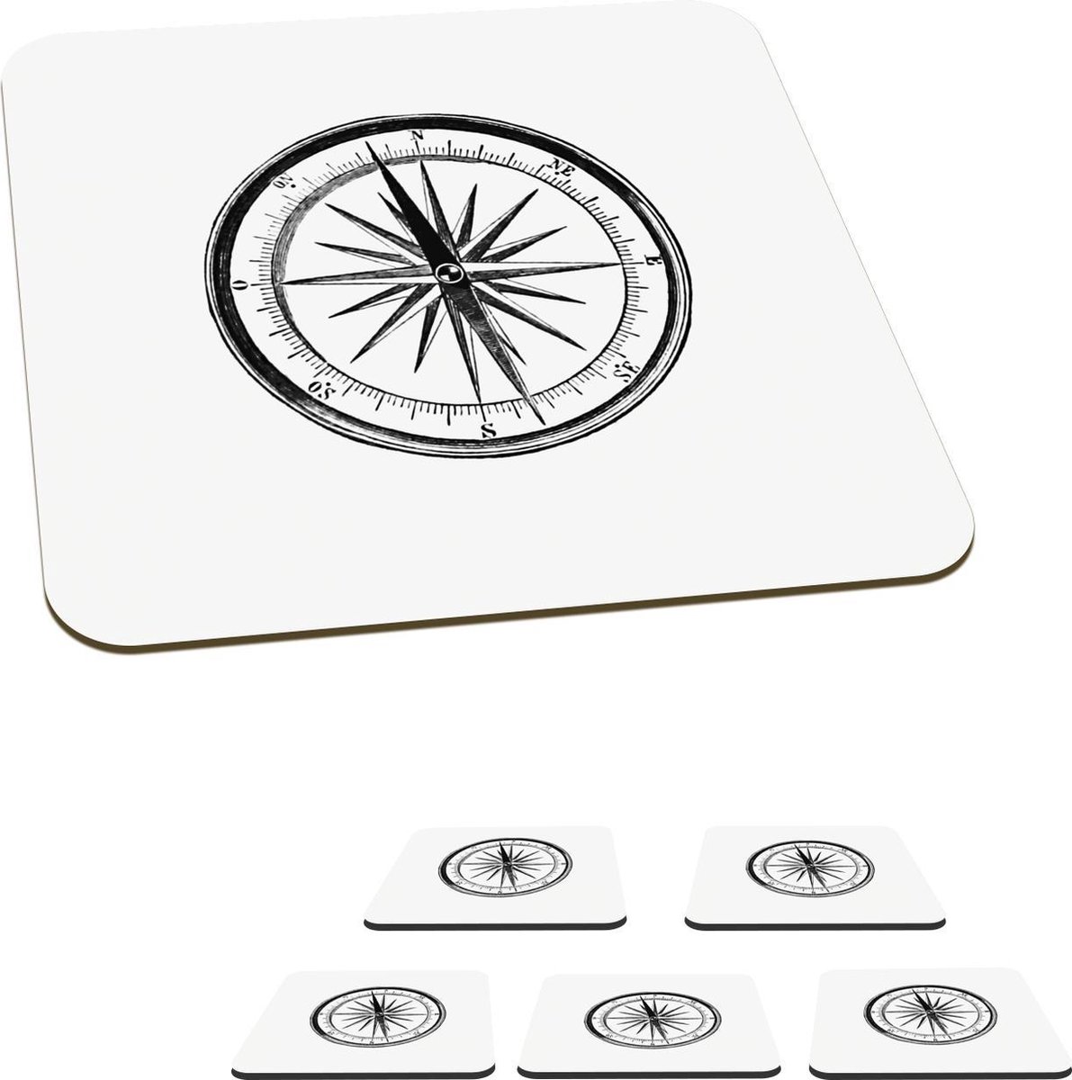 Onderzetters voor glazen - Retro - Kompas - Vintage - 10x10 cm - Glasonderzetters - 6 stuks