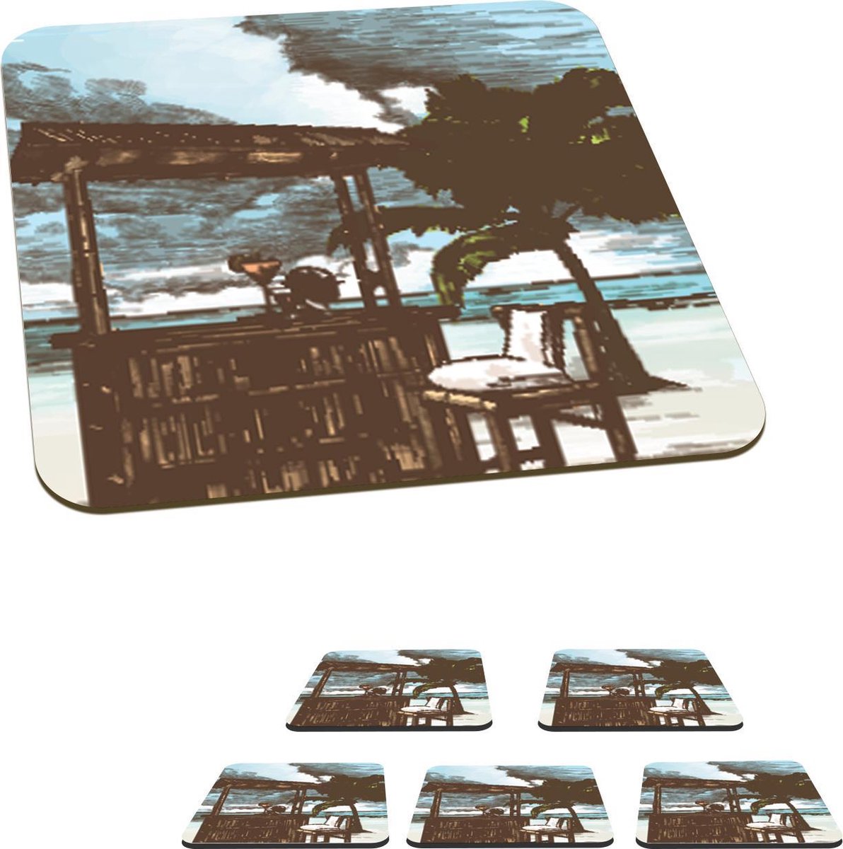 Onderzetters voor glazen - Strand - Palmboom - Hut - 10x10 cm - Glasonderzetters - 6 stuks