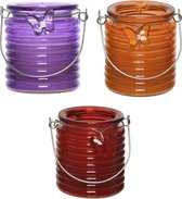 Set van 3x stuks citronella anti muggen kaarsen windlicht paars, oranje en rood 20 branduren