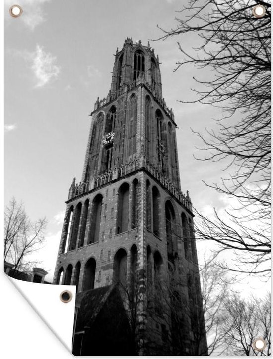 Tuinschilderij Zijaanzicht van de Dom in Utrecht - zwart wit - 60x80 cm - Tuinposter - Tuindoek - Buitenposter