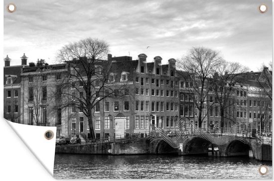 Muurdecoratie Amsterdamse gracht in de winter - zwart wit - 180x120 cm - Tuinposter - Tuindoek - Buitenposter