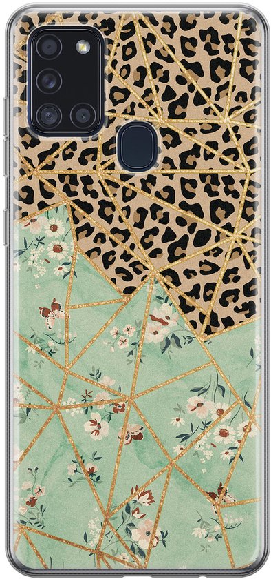 Coque Samsung A21s - Imprimé fleur léopard | Coque Samsung Galaxy A21s | Étui en Siliconen TPU | Couverture arrière transparente