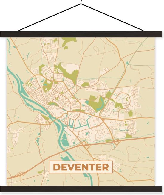 Posterhanger incl. Poster 90x90 cm - Schoolplaat - Kaart - Deventer - Vintage - Textielposter - Zwarte latten