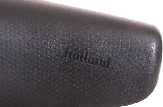Detail van zwart fietszadel met 'holland.' logo in reliëf.