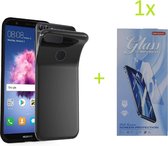 Huawei P Smart 2018 TPU Silicone rubberen hoesje + 1 stuk Tempered screenprotector - zwart