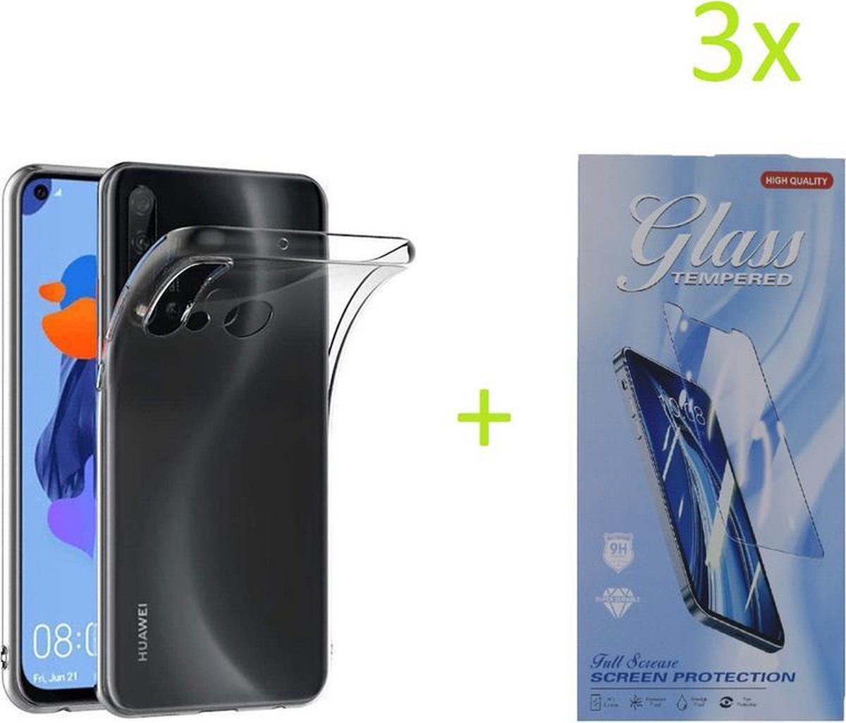 Hoesje Geschikt voor: Huawei P20 Lite 2019 / Huawei Nova 5i Transparant TPU Silicone Soft Case + 3X Tempered Glass Screenprotector
