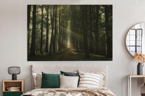 Canvas schilderij 150x100 cm - Wanddecoratie Bospad - Zonnestralen - Horizon - Bomen - Bos - Muurdecoratie woonkamer - Slaapkamer decoratie - Kamer accessoires - Schilderijen op canvas