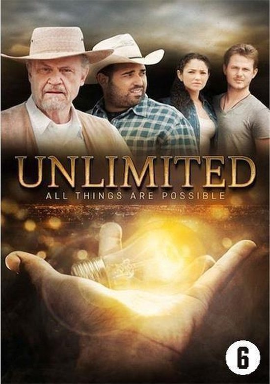 Poster van de film Unlimited, met vier hoofdrolspelers en een gloeiende gloeilamp in een hand.
