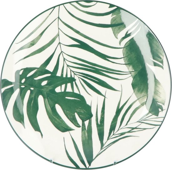 Assiette blanche avec des feuilles de palmier vertes et un bord noir.