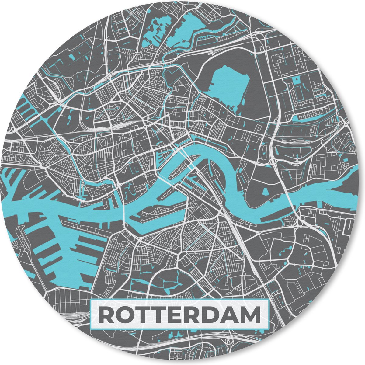 Muismat rond 30x30 cm - Mousepad Plattegrond - Rotterdam - Grijs - Blauw - Ronde muismatten - Stadskaart