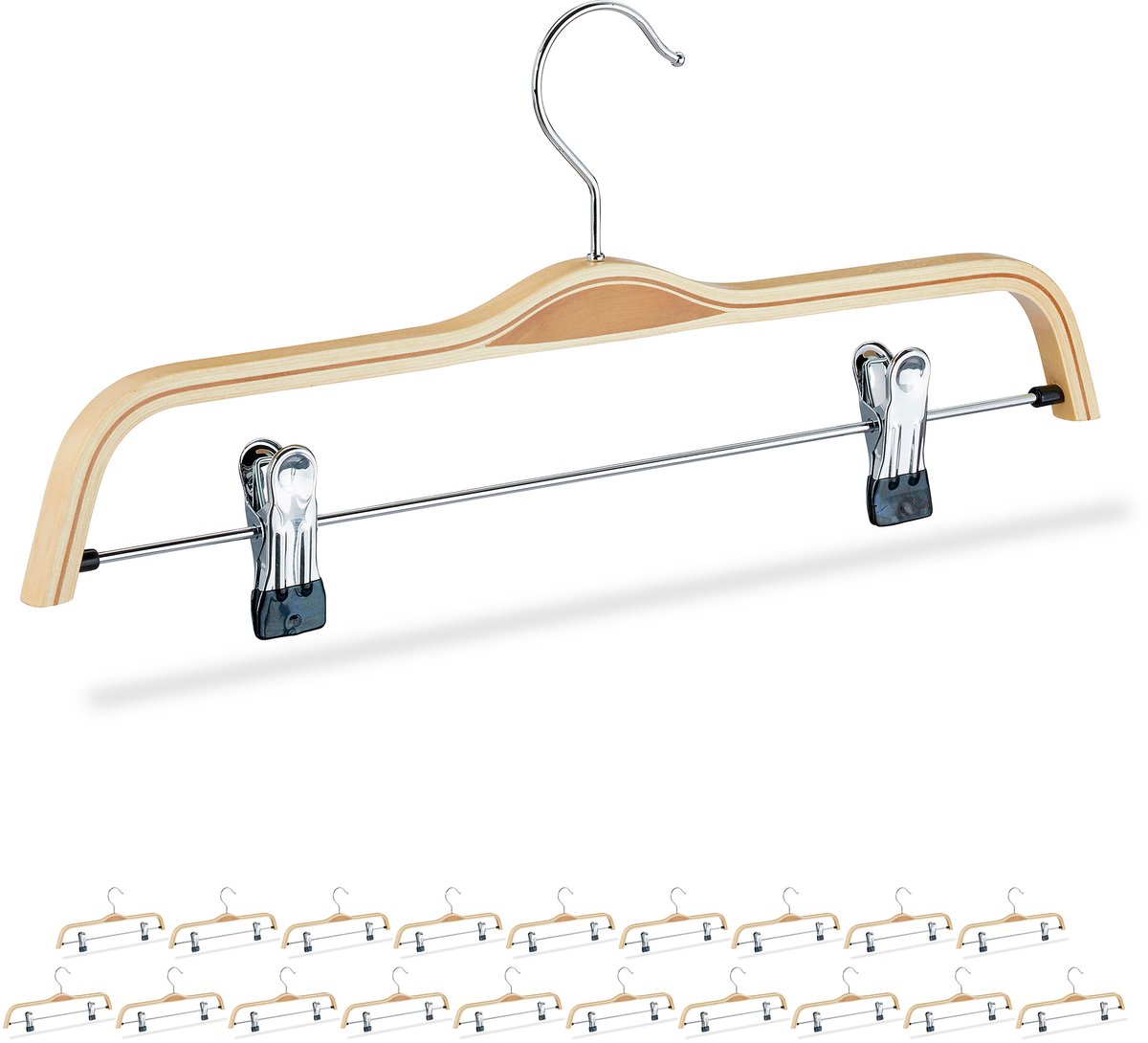 20x broekhanger hout - rokhanger - kledinghanger - klerenhanger met clips