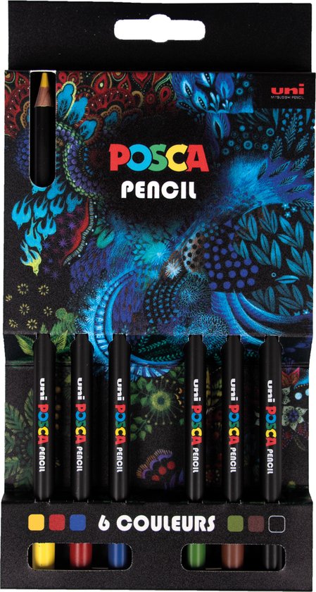 Verpakking met 6 Posca-potloden in regenboogkleuren met een gedetailleerd, kleurrijk motief van veren en bloemen.