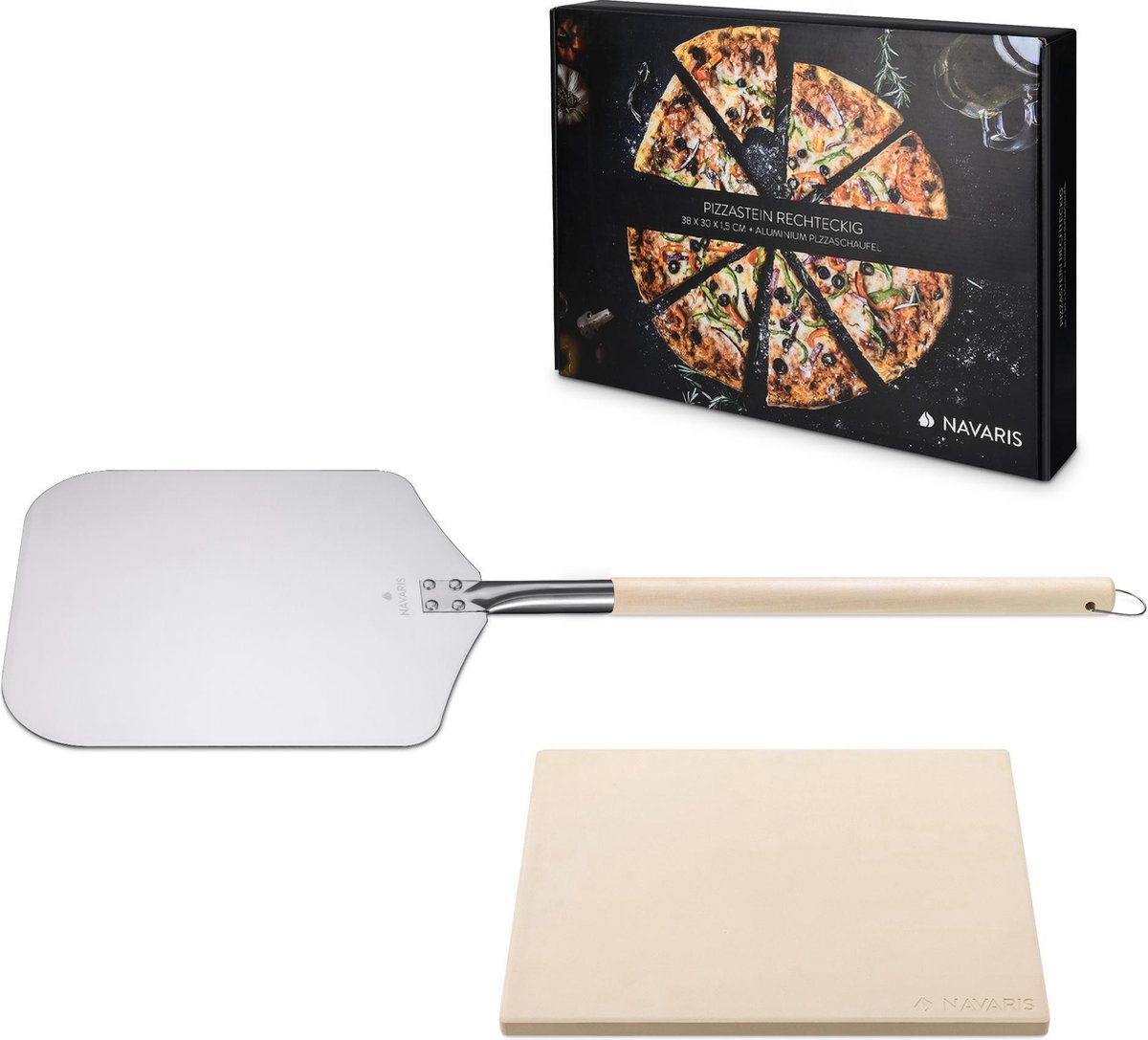 Navaris pizzasteen XL voor oven en barbecue - Rechthoekige pizzaplaat 38 x 30 cm - Inclusief pizzaschep met extra lang handvat en receptenboek
