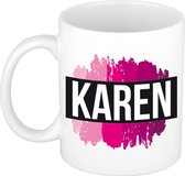 Karen  naam cadeau mok / beker met roze verfstrepen - Cadeau collega/ moederdag/ verjaardag of als persoonlijke mok werknemers
