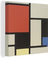 Canvas Schilderij Compositie met rood vierkant, zwart, blauw - Piet Mondriaan - 90x90 cm - Wanddecoratie