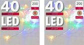 Set van 2x stuks verlichting lichtdraad zilver 40 pastel gekleurde lampjes op batterijen 200 cm - Lichtsnoeren - Kerstverlichting