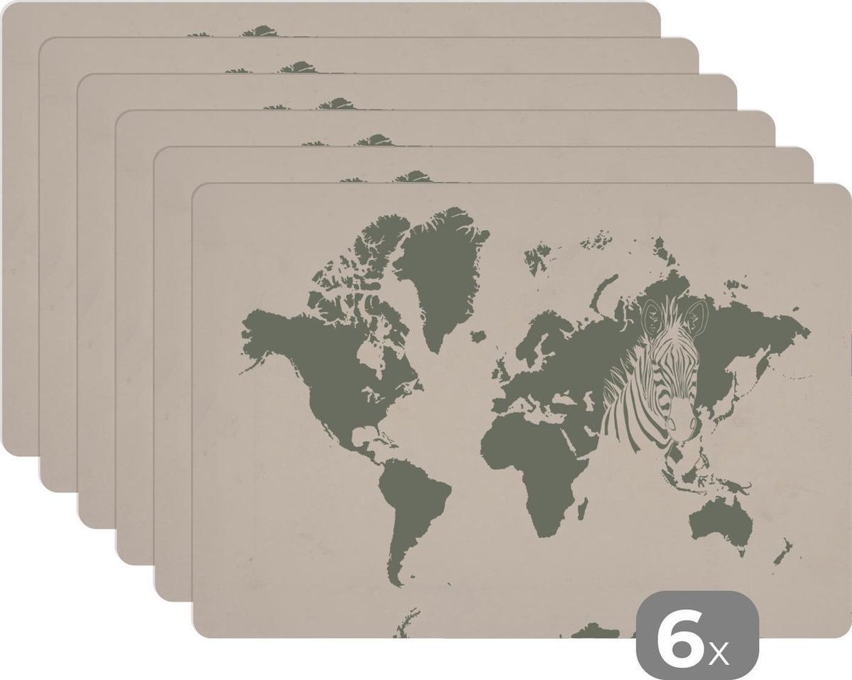 Placemat - Placemats kunststof - Wereldkaart - Dieren - Zebra - 45x30 cm - 6 stuks - Hittebestendig - Anti-Slip - Onderlegger - Afneembaar