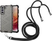 Voor Samsung Galaxy S21 FE Schokbestendig Honingraat PC + TPU Case met Nekkoord (Zwart)