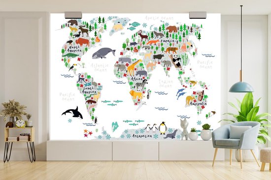 Papier peint - Papiers Papier peint photo Wereldkaart - Enfants - Animaux - Plantes - Largeur 375 cm x Hauteur 280 cm
