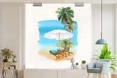 Behang - Fotobehang Strandstoel - Parasol - Palmboom - Breedte 300 cm x hoogte 300 cm