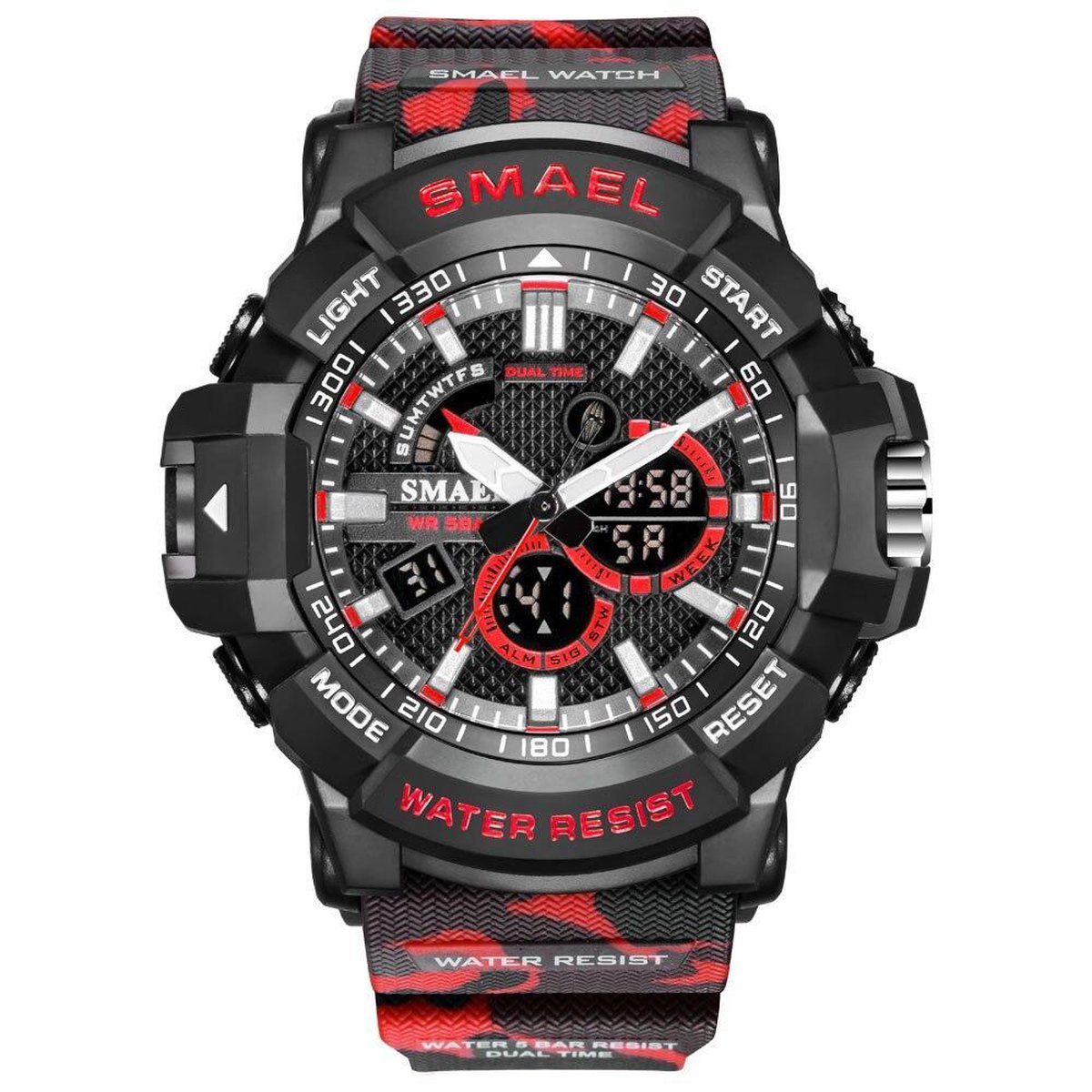 Heren Horloge Zwart-Rood met Army rubber band Zwart Rood | Smael | Waterdicht |Glow in dark | Mud Master | Mudmaster | Shock | Leger | Grof | Licht | Rubberen band | Timer | Eyecatcher | Master| | kado| Cadeau