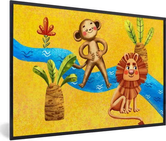 Fotolijst incl. Poster - Aap - Leeuw - Jungle - Water - 90x60 cm - Posterlijst