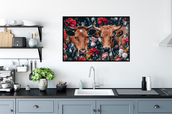 Fotolijst incl. Poster - Koe - Bloemen - Dieren - Portret - 90x60 cm - Posterlijst