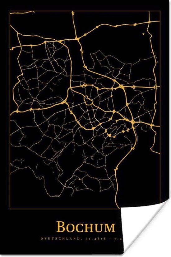Poster 120x180 cm - Kaart - Bochum - Goud - Zwart - Posters - Kamer decoratie - Wanddecoratie woonkamer - Muurdecoratie slaapkamer XXL