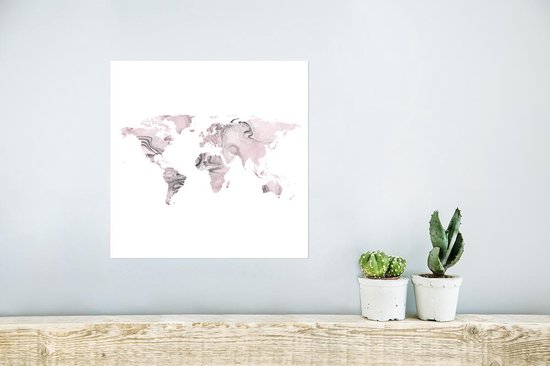 Affiche Wereldkaart - Rose - Grijs - 30x30 cm