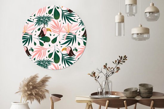 WallCircle - Cercle Mural - Cercle Mural - Toucan - Feuilles - Rose - Aluminium - Dibond - 120x120 cm - Intérieur et Extérieur XXL