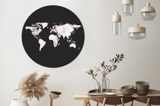WallCircle - Wandcirkel - Muurcirkel - Wereldkaart - Zwart Wit - Marmer - Aluminium - Dibond - ⌀ 140 cm - Binnen en Buiten