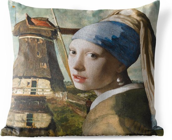 Buitenkussen Weerbestendig - Het meisje met de parel - Vermeer - Windmolen - 50x50 cm
