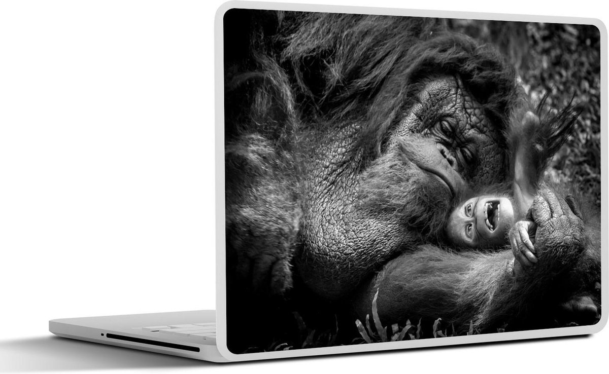 Laptop sticker - 12.3 inch - Liefdevolle Orang-oetan met jong in zwart-wit - 30x22cm - Laptopstickers - Laptop skin - Cover