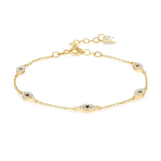 Bracelet Twice As Nice en argent plaqué or, 5 yeux, oxyde de zirconium blanc et bleu 15 cm+3 cm