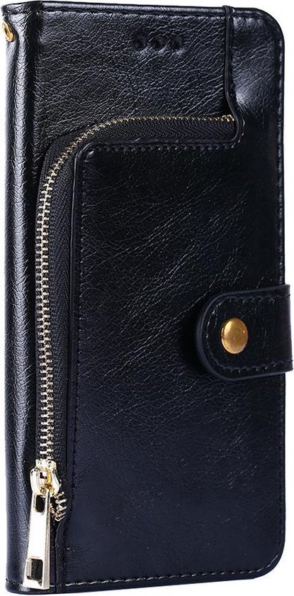 Étui de téléphone noir en similicuir avec poche zippée et bouton-pression doré.