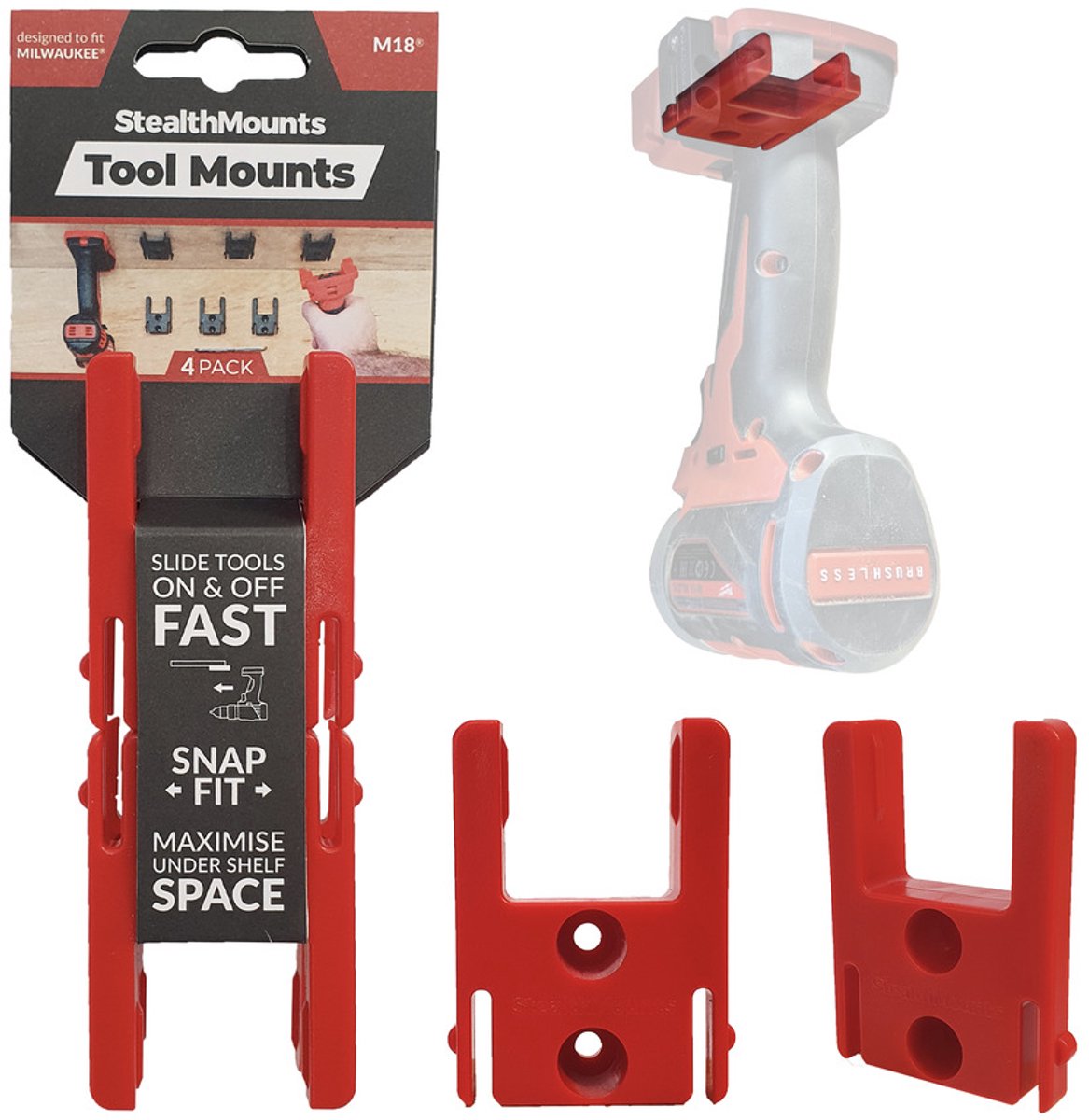 StealthMounts TM-MW18-RED-4 Machinehouder voor Milwaukee M18 - Rood - 4-pack